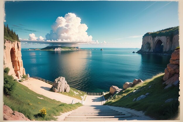 A picture of steps leading to the sea with a blue sky and clouds in the background