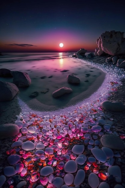 A picture of stones on the beach with the moon in the background.