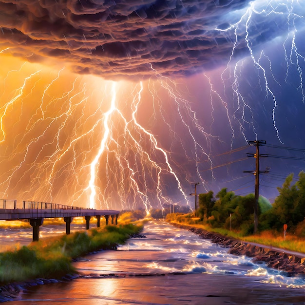 a picture of a storm cloud and a bridge in the background