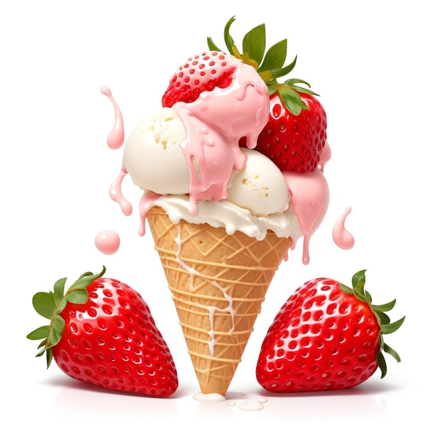 A picture of a strawberry ice cream cone with strawberries on it.