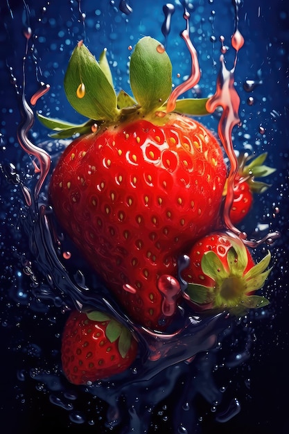 A picture of a strawberry with water splashing around it.