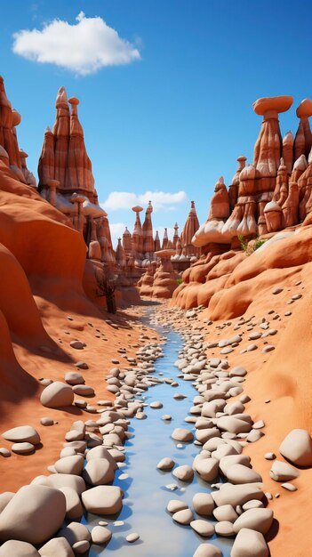 砂漠の風景を通って流れる小川の写真