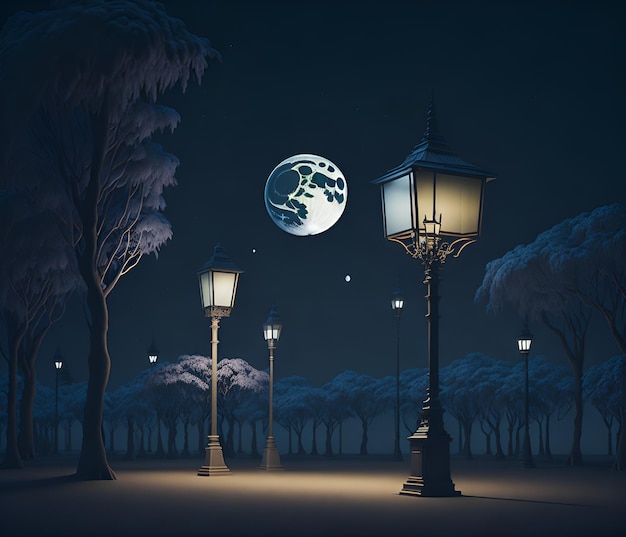 A picture of a street lamp with the moon in the background