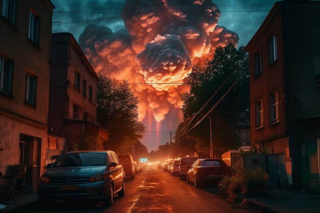 A picture of a street with a burning fireball in the sky