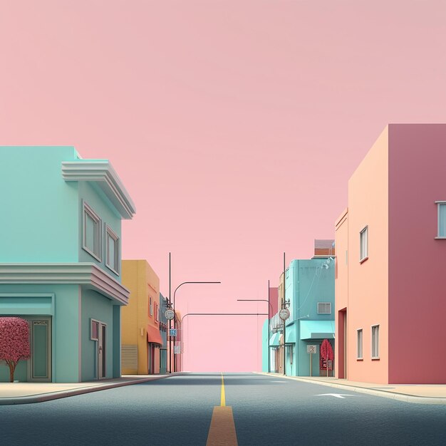 изображение улицы с розово-голубым зданием на заднем плане.
