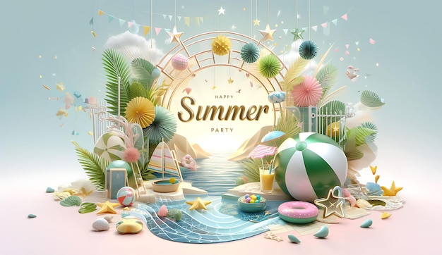 "여름"이라는 단어가 새겨진 여름 장면의 그림