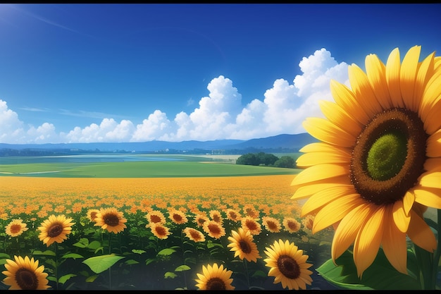 A picture of a sunflower with a blue sky and clouds in the background.