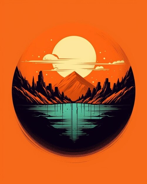 a picture of a sunset scene with a mountain and a lake generative ai