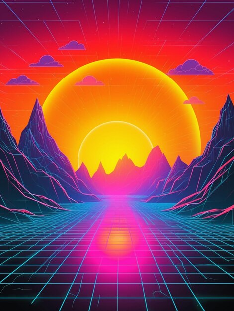 A picture of a sunset scene with mountains and a neon sun generative ai