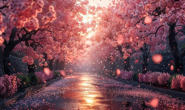 a picture of a sunset with cherry blossom trees in the background