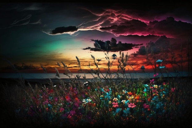 A picture of a sunset with a colorful flower field in the foreground.