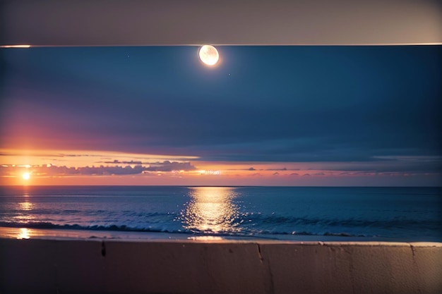 A picture of a sunset with a moon on the horizon