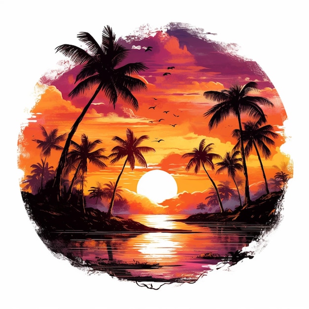 A picture of a sunset with palm trees and birds flying over the water generative ai