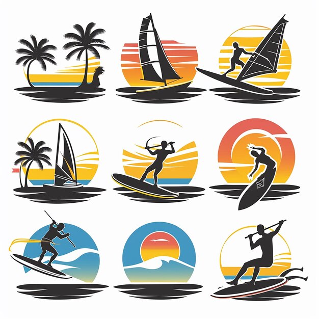 Photo a picture of a surfer on a beach with the sun and palm trees in the background