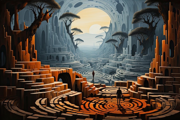 Picture a surreal landscape with a labyrinth made of shifting geometric patterns symbolizing life's challenges and complexities A silhouette of an individual stands inside the labyrinth
