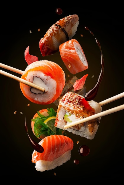 A picture of sushi with a brown background and the word sushi on it.