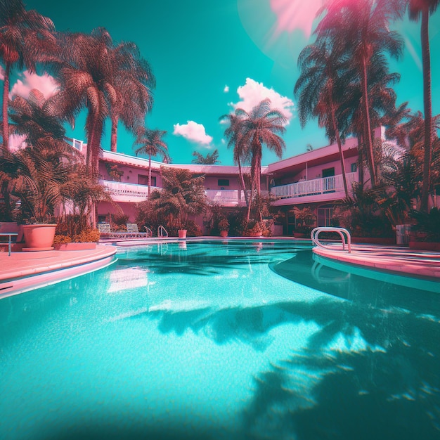 a picture of a swimming pool with palm trees in the background.