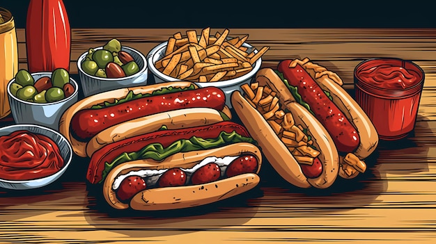 A picture of a table with hot dogs and fries.