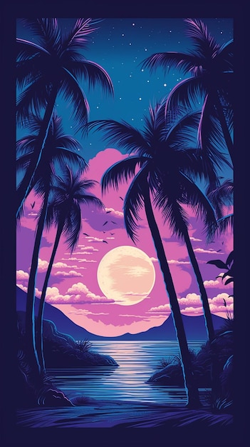 A picture taken from a beach with palm trees and a full moon generative ai