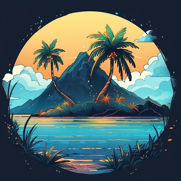 a picture taken from a distance of a tropical island with palm trees generative ai