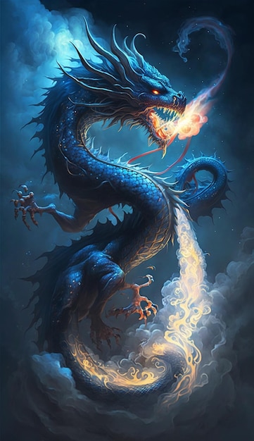 Снимок, сделанный спереди дракона с огненным шаром на фоне генеративного искусственного интеллекта.