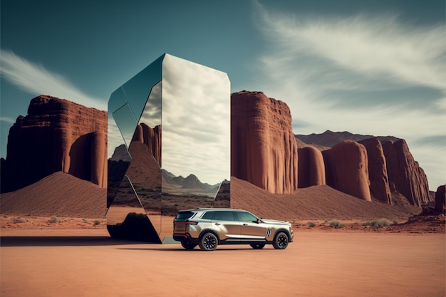 A picture taken from mirror like image of car parked in desert generative ai