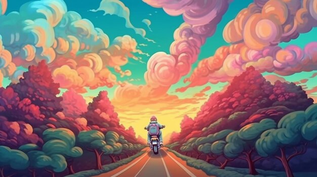 A picture taken from a motorcycle riding down a road with trees generative ai