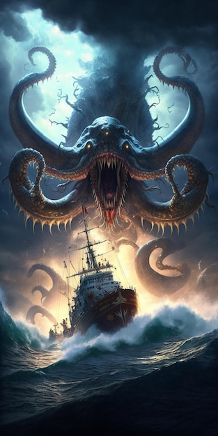 A picture taken from ship in the ocean with giant octopus background generative ai