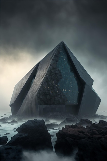 Снимок, сделанный с вершины здания с большим генеративным искусственным интеллектом треугольной формы.