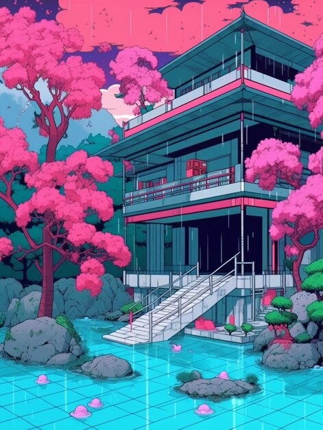 A picture taken from a video game of a house with a pond and trees generative ai