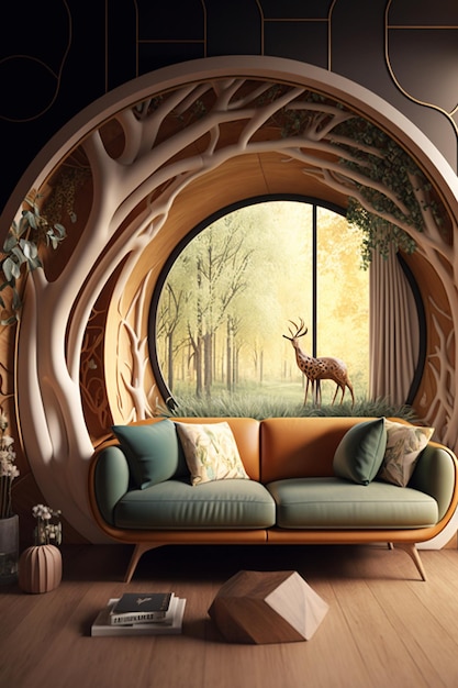 A picture taken from window of living room with couch and deer generative ai