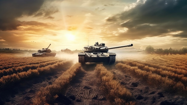A picture of a tank with the sun behind it