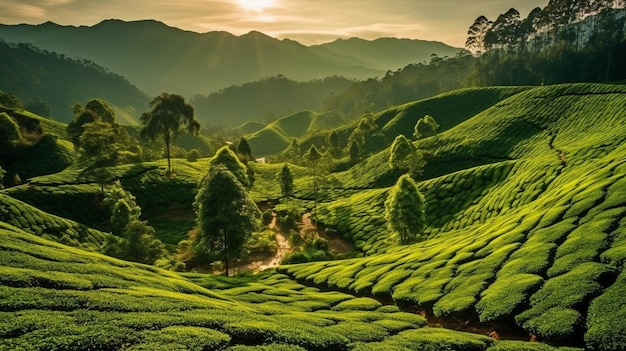 Picture of a tea plantation in Malaysia's Cameron Highlands GENERATE AI