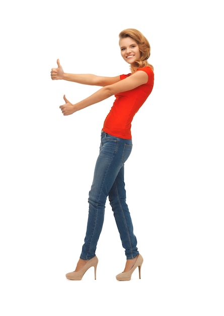 Photo picture of teenage girl in red t-shirt showing thumbs up