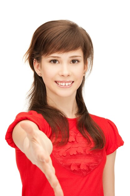 picture of teenage girl with an open hand ready for handshake