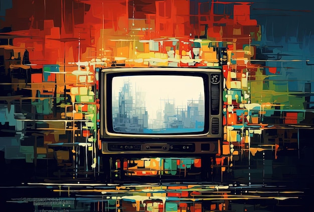 Photo the picture of a television in the style of glitch art colorful futurism dusty piles urban