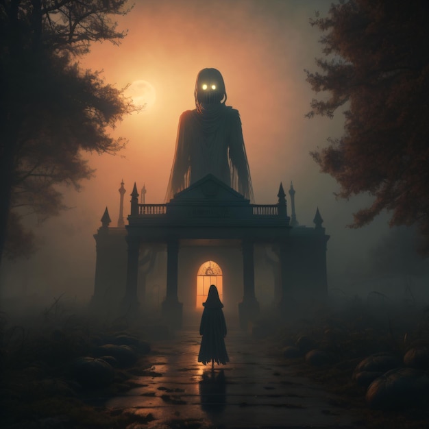 A picture of a temple with a figure in the middle of the night.