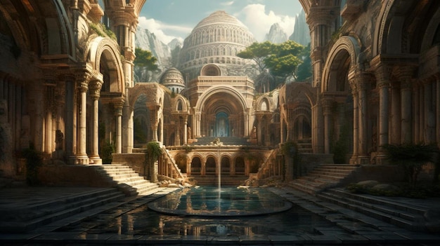 Картина храма с фонтаном посередине.