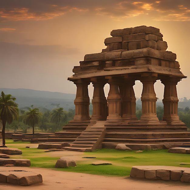 a picture of a temple with palm trees in the background