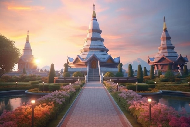 a picture of a temple with a sunset in the background