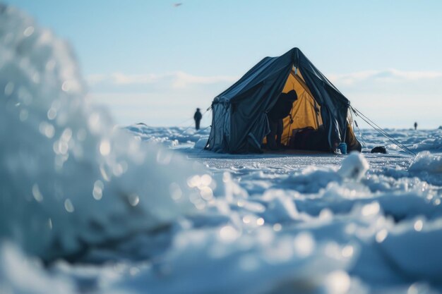 Foto un'immagine di una tenda seduta in cima a un campo coperto di neve perfetto per il campeggio invernale o temi di avventura all'aperto