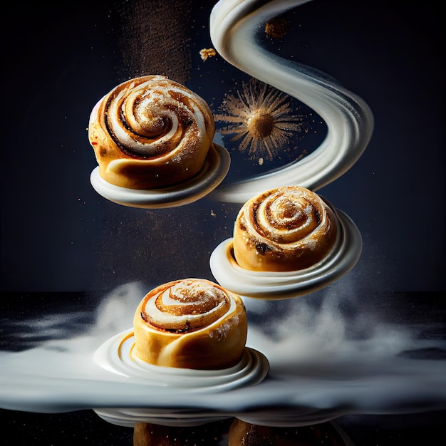 A picture of three cinnamon buns on white plates