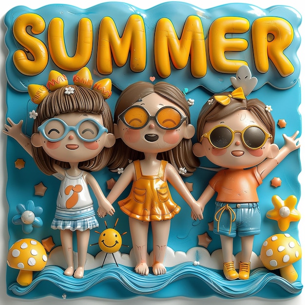 a picture of three dolls with the word summer on it