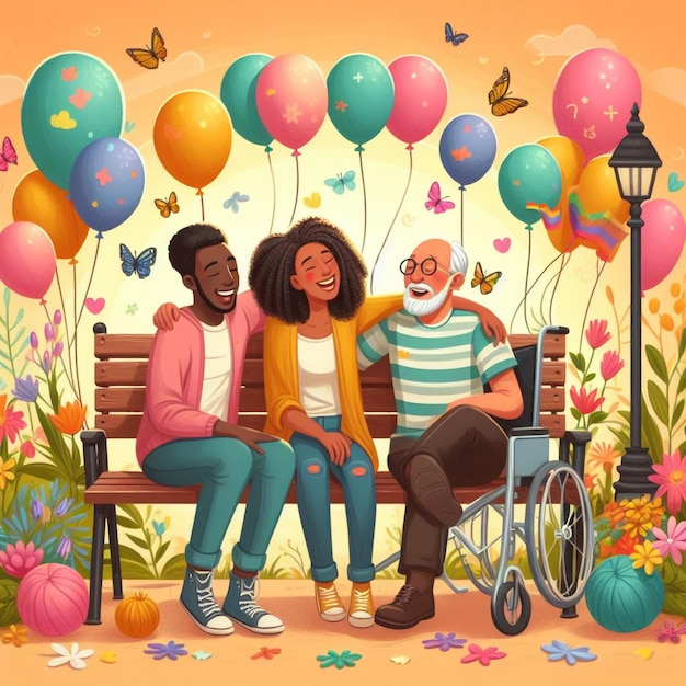 фотография трех человек на скамейке с воздушными шарами и мужчиной, сидящим на ней