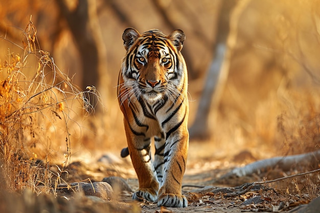 Photo picture of a tiger walking in the forest