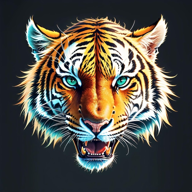 A picture of a tiger with blue eyes is on a black background.