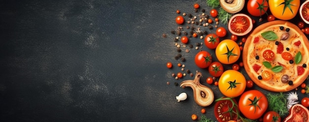 A picture of tomatoes and a banana on a black background.