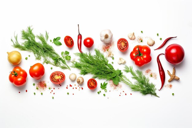 a picture of tomatoes and herbs on a white background