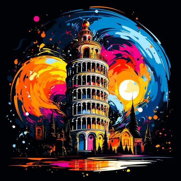 a picture of a tower with a colorful background and the word tower on it