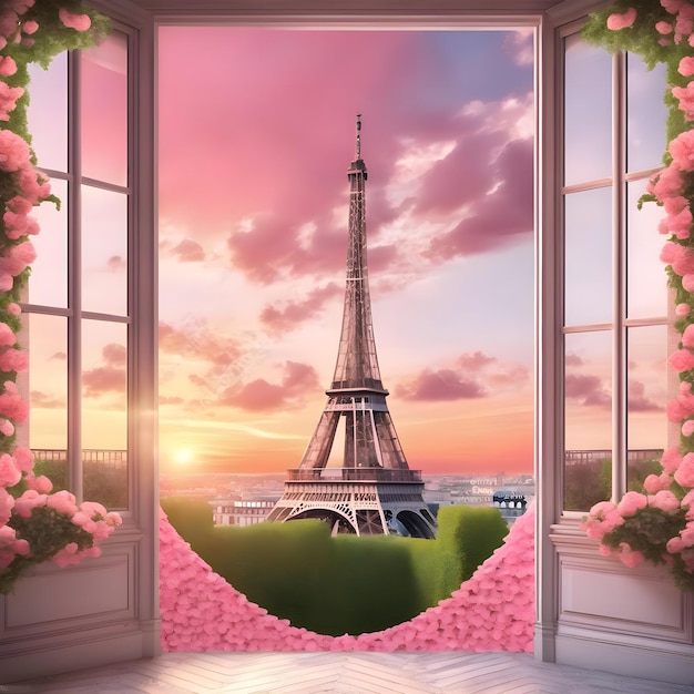 A picture of a tower with a pink flower in the window Paris France